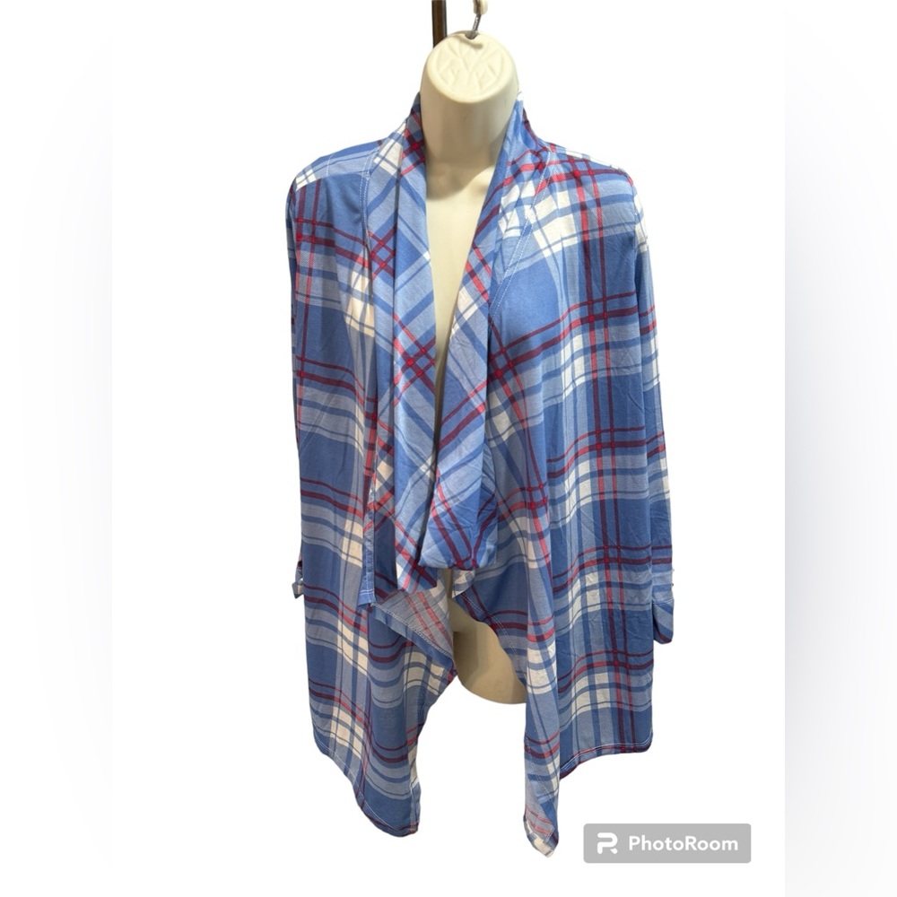 NWT Womens New York Laundry Roll Tab Sleeve Plaid Cardigan Blue Size Med